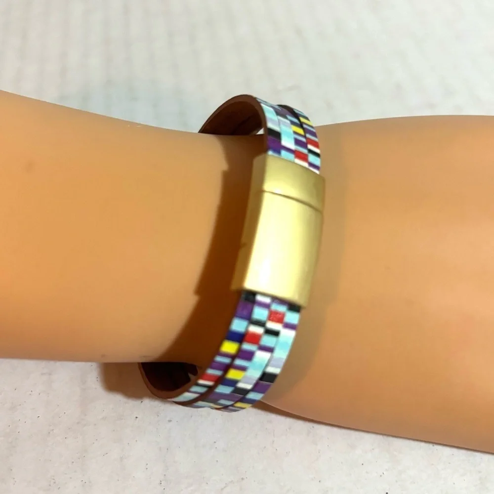 Fashion jewelry multicolor print genuine leather magnetic bracelet one size